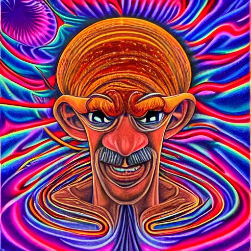 Image similar to waluigi becomes a fractal, painted by alex grey. psychedelic visionary art