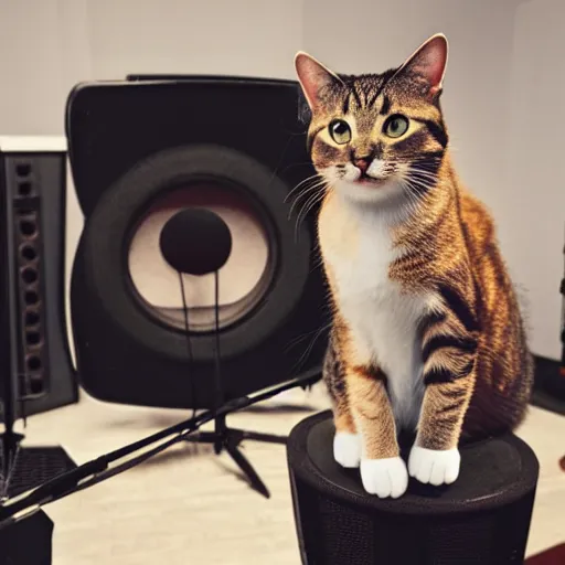 Prompt: cat singing in a recording studio