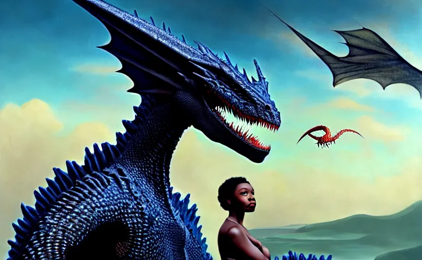 Image similar to realistic detailed photorealistic film portrait shot of a beautiful black woman with, sci-fi landscape with a drogon on background by Denis Villeneuve, Amano, Yves Tanguy, Alphonse Mucha, Ernst Haeckel, Andrei Tarkovsky, Edward Robert Hughes, Roger Dean, rich moody colours, wide angle, blue eyes