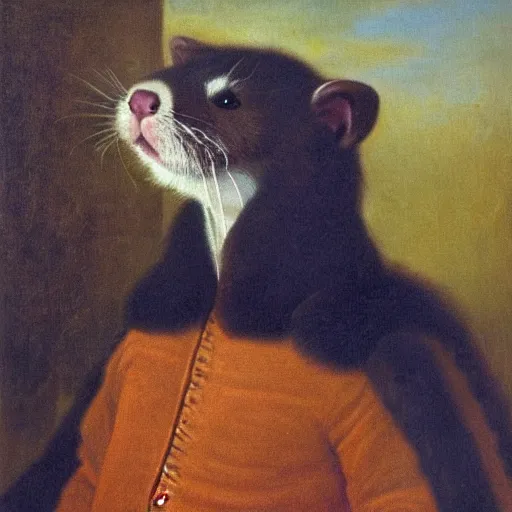 Prompt: Portrait of a Ferret with dark fur in a general outfit , painted by Jan Willem Pieneman, Courageous, Bold, painting, Bourgeois