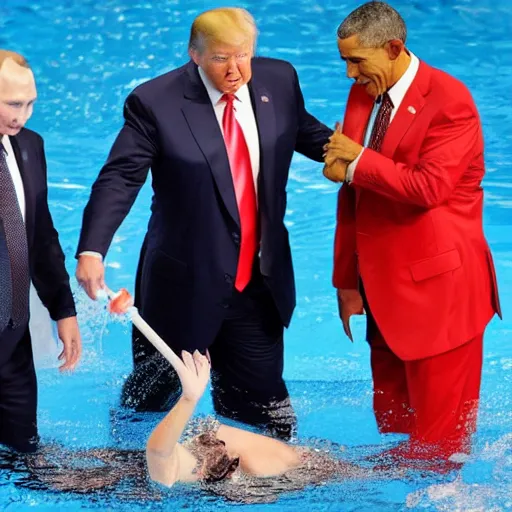 Image similar to putin, trump, obama and bush are swimming while having a water fight and smiling