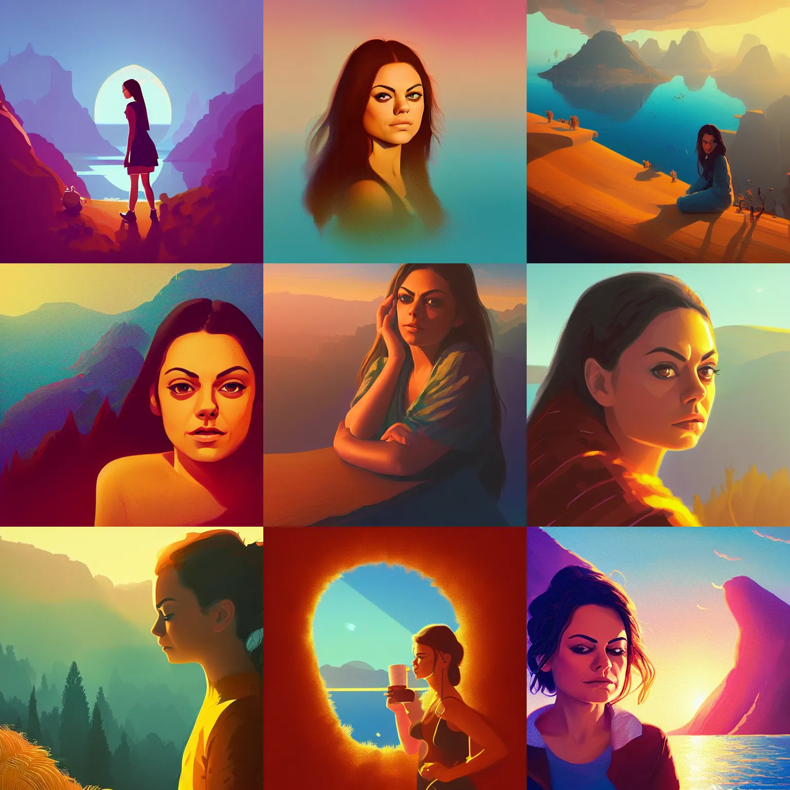 Prompt: close - up portrait of mila kunis, golden hour, steaming coffee, mystical lake view vista, anton fadeev, paul lehr, rhads, alena aenami