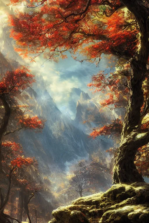 Image similar to tree, spring, summer, autumn, winter, snow, volymetric light, highly detailed matte painting, noriyoshi ohrai, charlie bowater, mark brooks