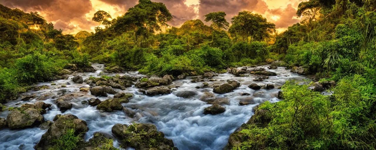 Image similar to River flows through a jungle in the mountains, golden hour, reflections, clouds, flowers, birds, landscape photography, award winning, high detail