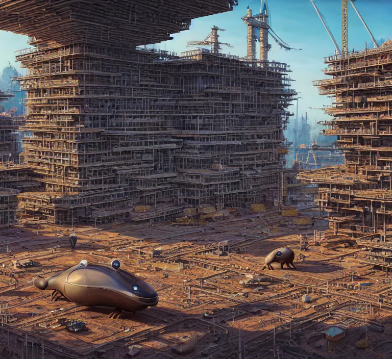 Image similar to hyperrealism photography hyperrealism concept art of highly detailed beavers builders that building highly detailed futuristic sci - fi city by wes anderson and hasui kawase and scott listfield sci - fi style hyperrealism rendered in blender and octane render volumetric natural light