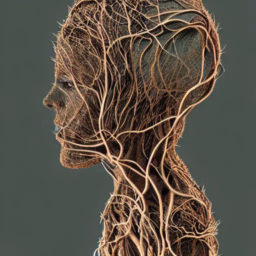 Image similar to digital art, Abstract art, portrait of humain female body made of roots, intricate roots, trending on artstation, -640