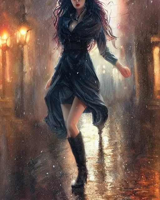 Prompt: a beautiful female, 8 k, hyperrealistic, hyperdetailed, modern clothes full length body, dark fantasy, dark street walking, rain, fantasy portrait by laura sava