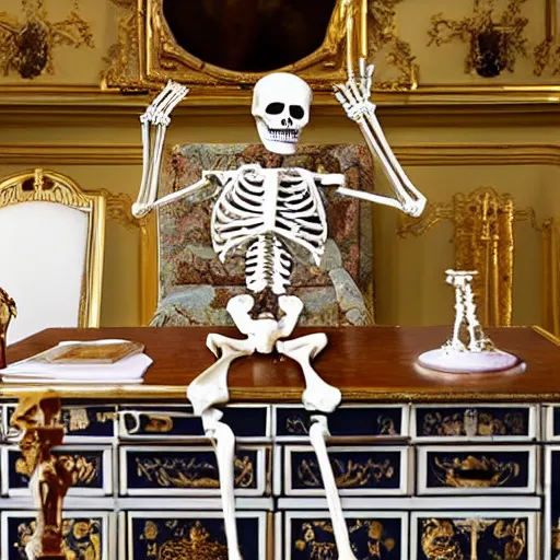 Prompt: detailed, skeleton in suit made of glass, sitting behind a baroque desk in a royal office, film