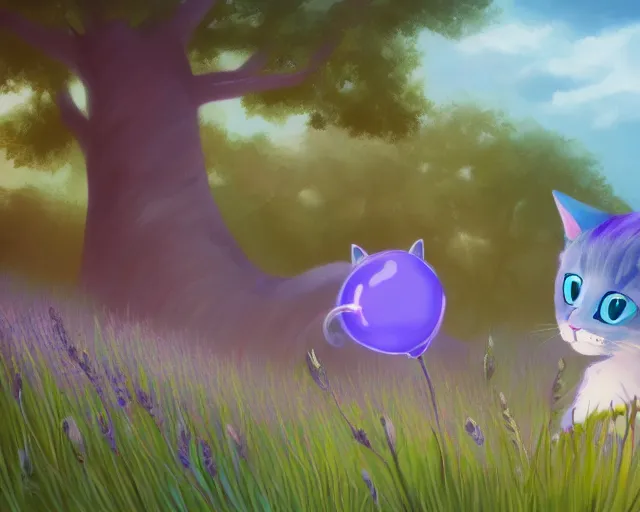 Prompt: illustration of a glowing cute blue cat holding lavender in mouth, grassy field with trees in the background, concept art, artstation, amazing, beautiful, cinematic composition