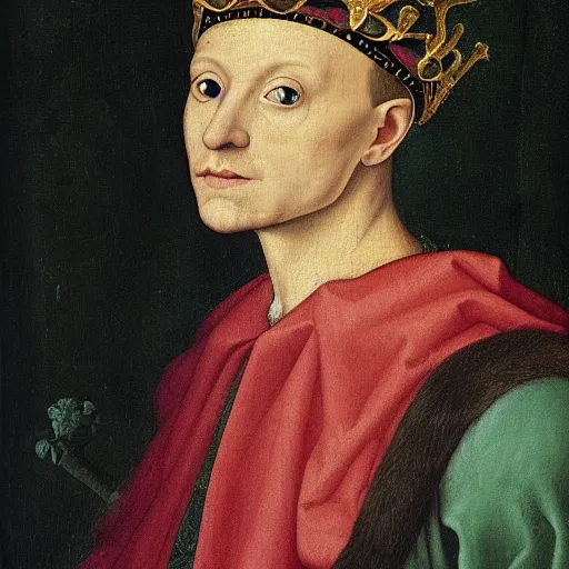 Image similar to a renaissance style portrait painting of a otter, wearing a crown and cape, dark background