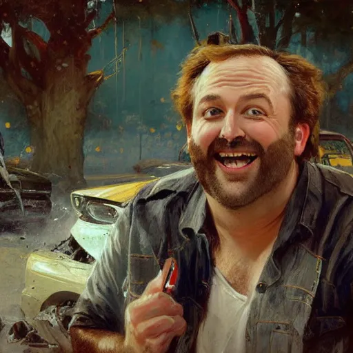 Prompt: comedian tom segura laughing at a car crash, highly detailed painting by gaston bussiere, craig mullins, j. c. leyendecker 8 k