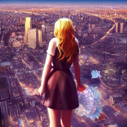 Prompt: a beautiful giant woman over a city, blonde, long hair, pixiv, hyperrealistic