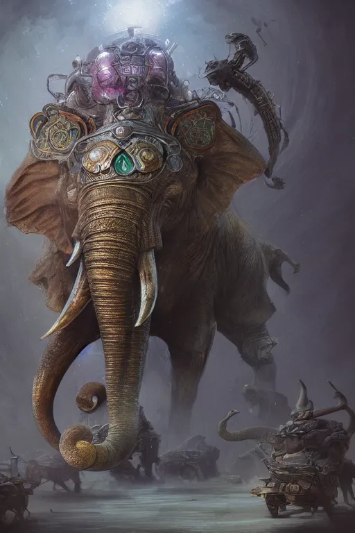 Image similar to ancient psychic tandem war elephant, concept art, by ernst haeckel, artgerm, greg rutkowski, h. r. giger and zdislaw beksinski, octane render, trending on artstation