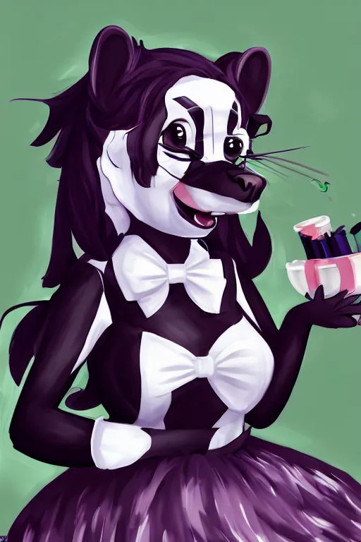 Image similar to a skunk fursona wearing a maid outfit, highly detailed, digital art, trending on artstation, furry art