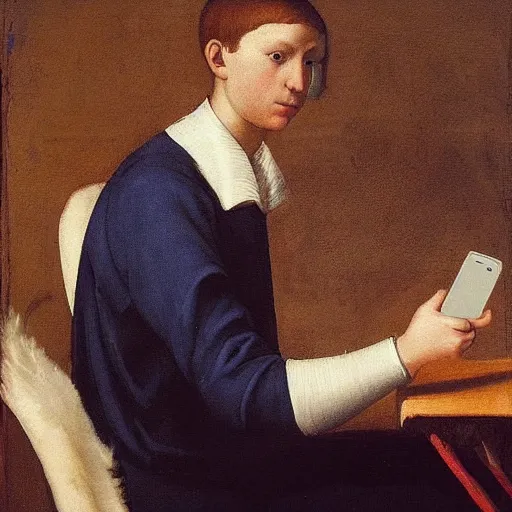 Image similar to a fully dressed thoughtful young man sitting on a prominent white toilet attentively staring at his smartphone, renaissance painting