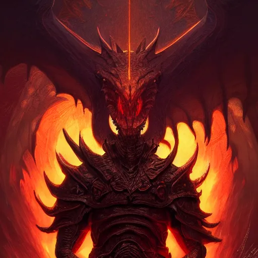 Image similar to full figure dragon, frontal view, skyrim, got, luminous scene, by greg rutkowski and alphonse mucha, d & d monster, gradient yellow to red, in hell, highly detailed, digital painting, artstation, concept art, smooth, sharp focus illustration, artstation hq