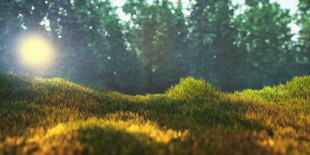 Image similar to low poly 3D rendering of a beautiful natural landscape,warm light, cinematic lighting, bokeh, lense flare