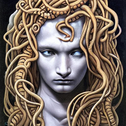 Prompt: very sad medusa, crying, tubular creature, blood vesels, no face, dystopian surrealism, art style botticelli alex ries giger zdzisław beksinski, symmetry accurate features, snake hair, stone marble, very intricate details, high resolution, high quality