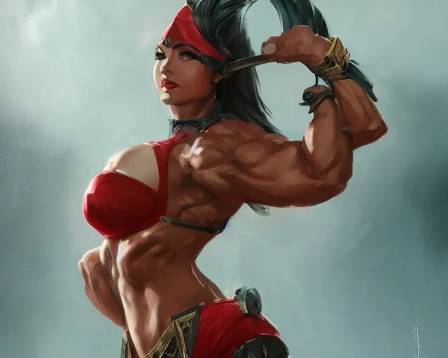 Prompt: portrait of akali from league of legends as a beautiful female bodybuilder amazon with plump lips, elegant, fantasy, hd shot, digital portrait, beautiful, artstation, comic style, by artgerm, guy denning, jakub rozalski, magali villeneuve and charlie bowater