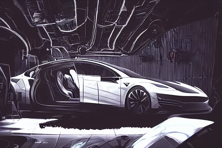 Image similar to a 2 8 mm closeup photo of a tesla car in a photo studio with a reflective floor, intricate, hyper detailed, smooth, high contrast, volumetric lighting, octane, greg rutkowski, ripley scott, artgerm, craig mullins, synthwave, cinematic