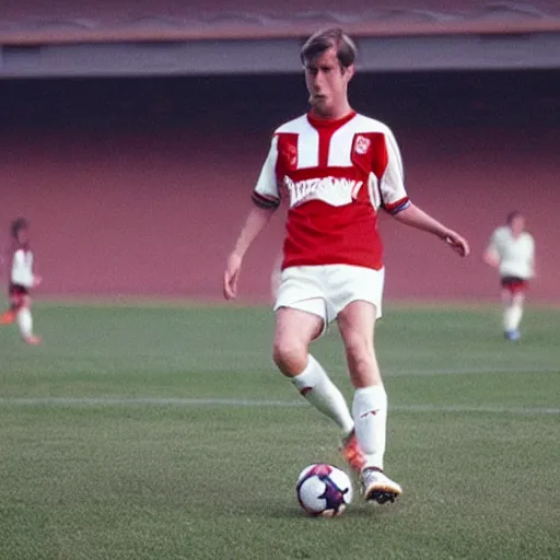 Image similar to brian wilson playing soccer for arsenal fc circa 1997, photorealistic