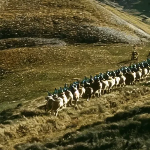 Image similar to still from lord of the rings showing the ride of the rohirrim, riding toward minas tirith on alpacas