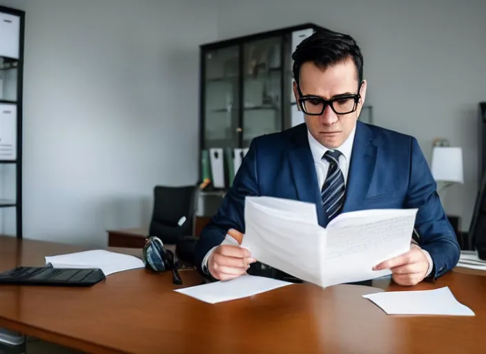 Prompt: photo of a crocodile in a suit and glasses, reading a document at a desk in an office. Highly detailed 8k. Intricate. Sony a7r iv 55mm. Stock photo.