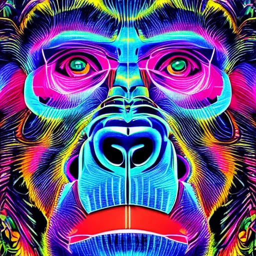 Prompt: a psychedelic neon technicolor portrait illustration of a gorilla in geometric kaleidoscopic colors trending on artstation 4 k intricate extremely detailed digital art