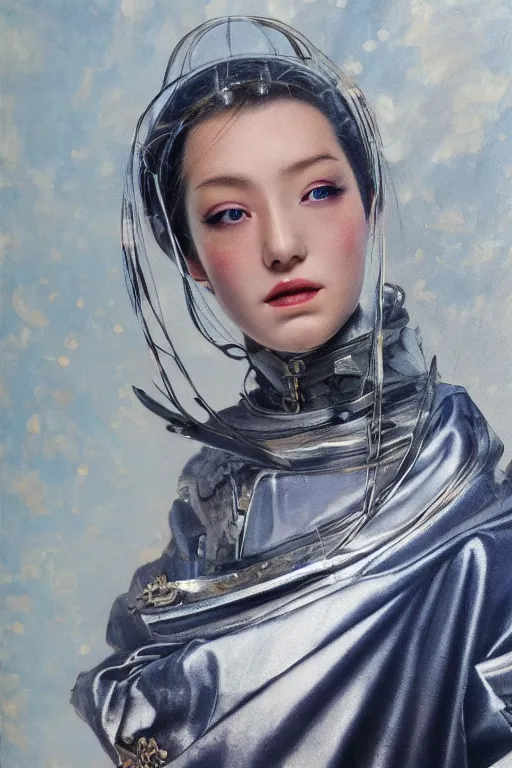 Image similar to hyperrealism oil painting, close - up portrait of medieval fashion model, knight, steel gradient mixed with nebula sky, in style of baroque mixed with 7 0 s japan book art