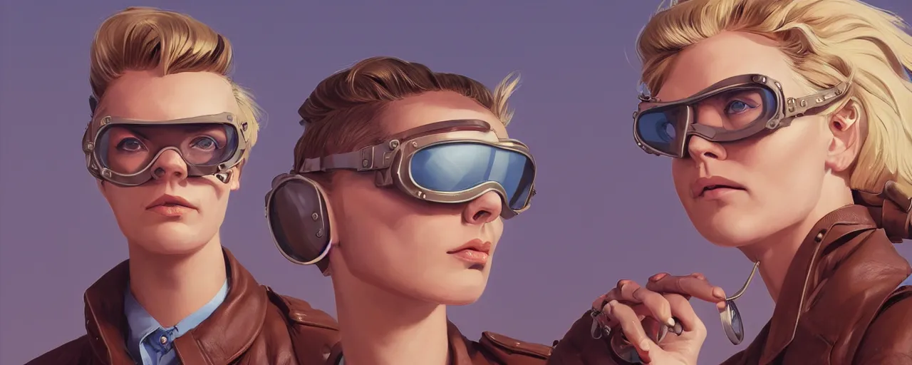 Image similar to stoic heroic emotionless butch blonde woman aviator with short slicked - back hair, wearing dark - lensed victorian goggles, wearing brown leather jacket, moebius, rough paper, behance hd by jesper ejsing, by rhads, makoto shinkai and lois van baarle, ilya kuvshinov, rossdraws global illumination.