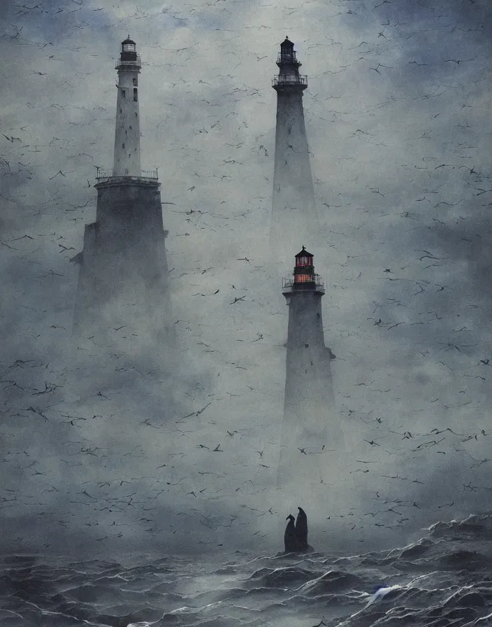 Image similar to worshippers in robes belonging to the cult of the lighthouse standing in waves with ravens flying overhead, a lighthouse, ravens, high detailed beksinski painting, part by adrian ghenie and gerhard richter. art by takato yamamoto. masterpiece, dark and moody, deep colours, blue