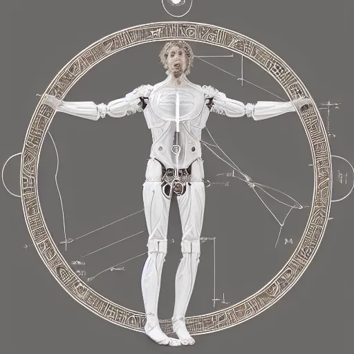 Prompt: beautiful centered fine art photo portrait of vitruvian man as a solarpunk robotic humanoid, white mechanical parts with led lights, bouguereau style pose, photorealistic, white background, highly detailed and intricate, soft box lighting, hdr 8 k