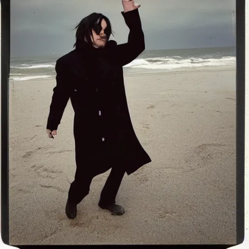 Image similar to 9 0 s polaroid photograph of norman reedus wearing a trenchcoat at night, dancing on a beach during cloudy weather, vignette