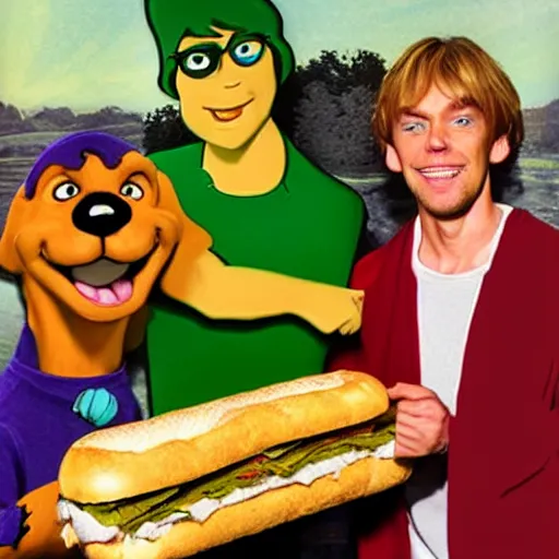 Image similar to realistic photo of scooby doo and shaggy with 2 foot high sandwiches