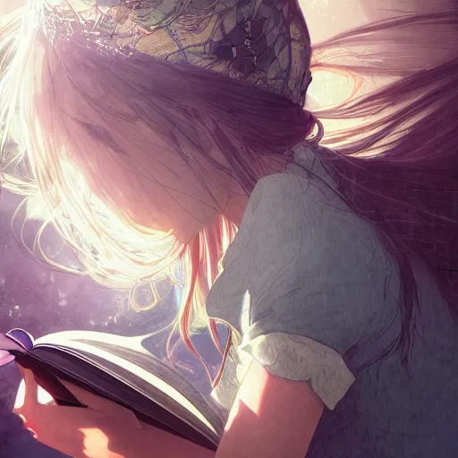 Image similar to a girl reading a book, hair flowing down, color page, 4 k, tone mapping, akihiko yoshida, james jean, andrei riabovitchev, marc _ simonetti, yoshitaka amano, digital illustration