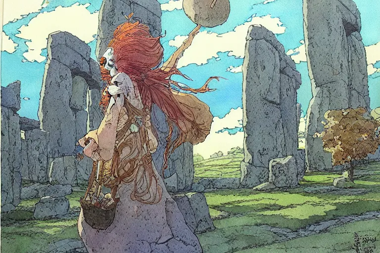 Image similar to hyperrealist studio ghibli watercolor fantasy concept art of a 1 0 0 ft. giant holding a stone. stonehenge is in the bathroom. it is a misty starry night. by rebecca guay, michael kaluta, charles vess