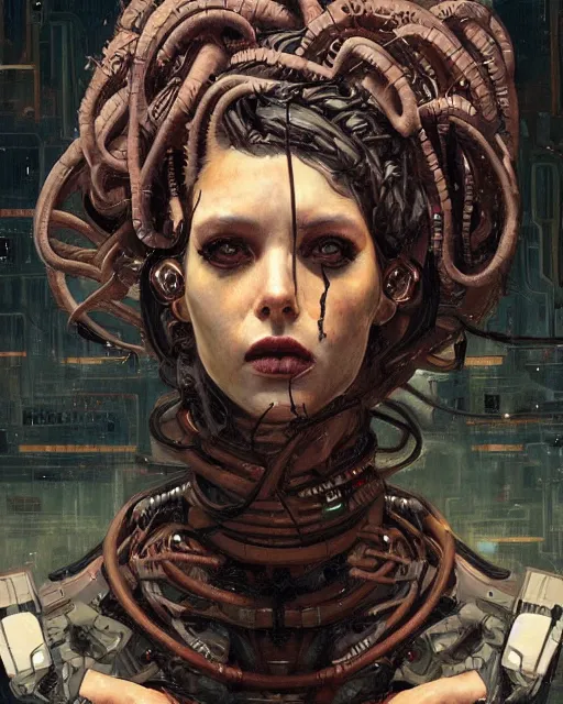 Image similar to portrait of a cyberpunk medusa by greg rutkowski in the style of egon schiele