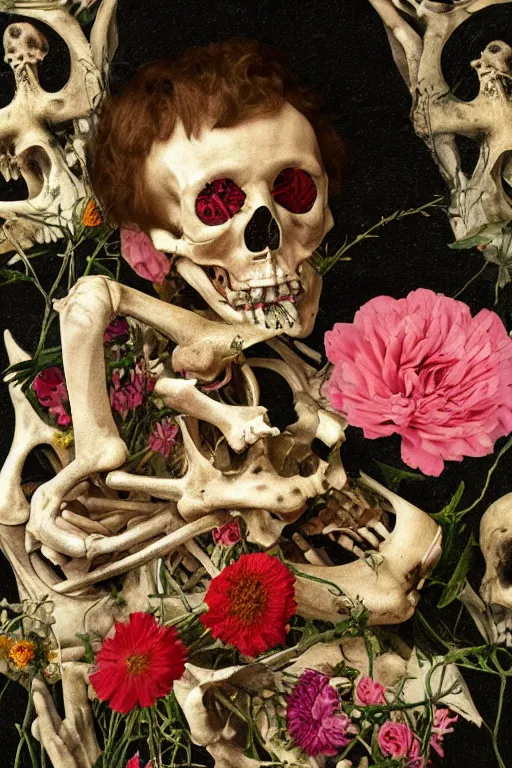 Image similar to a man lays in a bed of flowers and bones, he has large eyes and lips and feels an existential dread of love, HD Mixed media collage, highly detailed and intricate, surreal illustration in the style of Caravaggio, baroque dark art