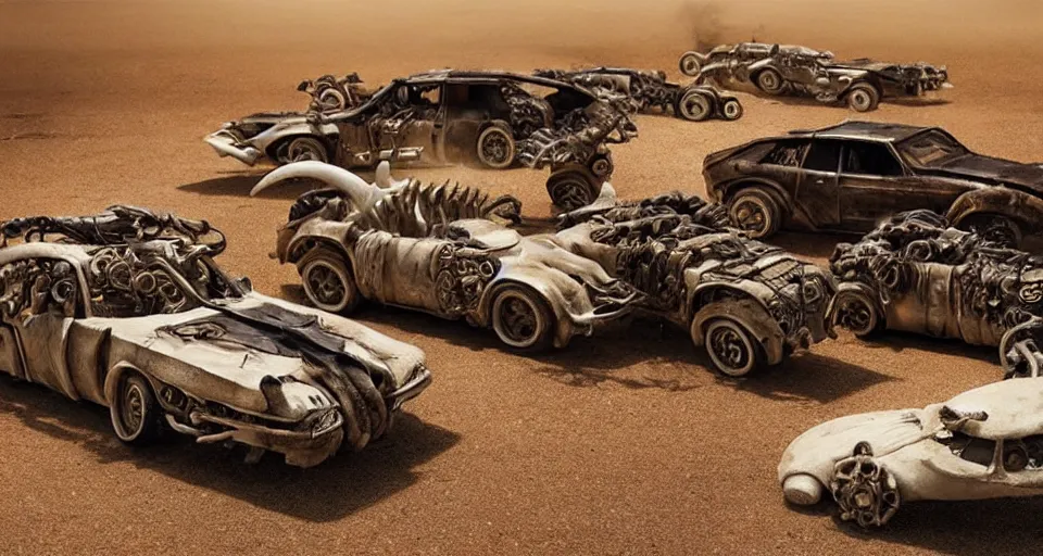 Prompt: mad max cars made out of bones, horns and shells, cinematic lighting,