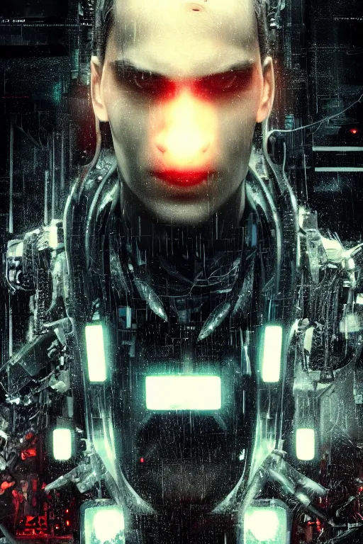 Prompt: head and shoulders render of man black_jacket close up cyberpunk face ((single_eye _glowing_red_eye red_emissives!)) android face mecha, inhuman creepy intimidating, exposed cables-bundle-black-thick Tom Bagshaw and Greg Rutkowski and Alphonse Mucha Bladerunner 2049 screenshot artstation UE5 Cyberpunk 2077 character trending 165mm