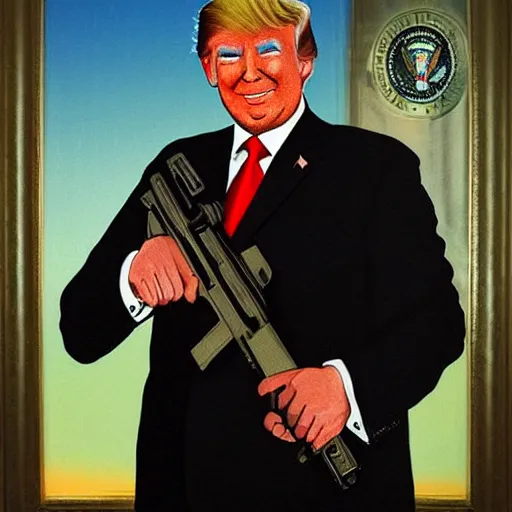 Prompt: trump holding machine gun in a portrait
