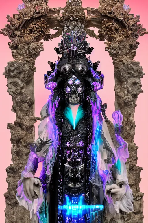 Prompt: photo of full-body rococo and cyberpunk delicate neon crystalline sculpture of ((handsome muscular albino prince Harry Styles)) as an onyx humanoid deity wearing ((peach plastic hooded cloak)) (holding an onyx skull) in a onyx aztec temple, reclining, glowing blue face, crown of (pink lasers), large blue diamonds, swirling black silk fabric. futuristic elements. oozing glowing liquid, full-length view. space robots. intricate artwork by caravaggio. Trending on artstation, octane render, cinematic lighting from the right, hyper realism, photorealistic, octane render, 8k, depth of field, 3D