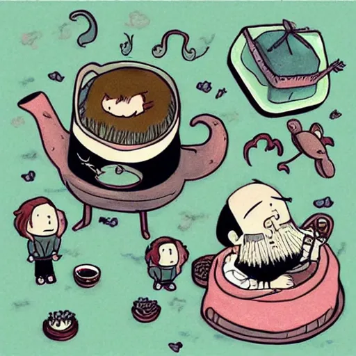 Image similar to tiny imaginary creatures having tea party inside a humans beard. anime. in a style of hayao miyazaki.