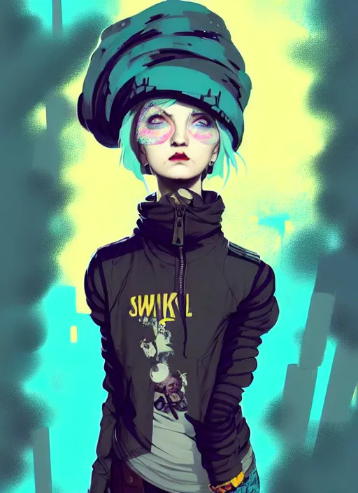 Image similar to highly detailed portrait of a sewer punk lady student, blue eyes, tartan hoody, hat, white hair by atey ghailan, by greg rutkowski, by greg tocchini, by james gilleard, by joe fenton, by kaethe butcher, gradient yellow, black, brown and cyan color scheme, grunge aesthetic!!! ( ( graffiti tag wall background ) )