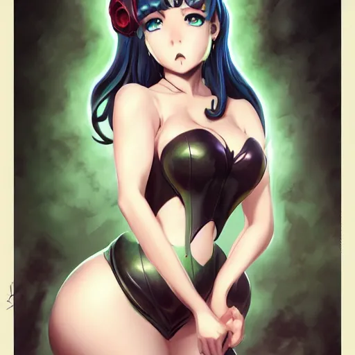 Prompt: cthulhu humanisation as a anime girl pinup, by rossdraws, wlop, boris vallejo, gil elvgren, enoch bolles, randy vargas : : sleek curves, pixiv award winning, epic light, accurate detailed face, symmetry balance