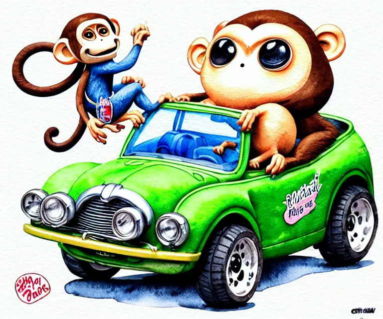 Image similar to cute and funny, monkey riding in a tiny hot rod with oversized engine, ratfink style by ed roth, centered award winning watercolor pen illustration, isometric illustration by chihiro iwasaki, edited by range murata, tiny details by artgerm, symmetrically isometrically centered