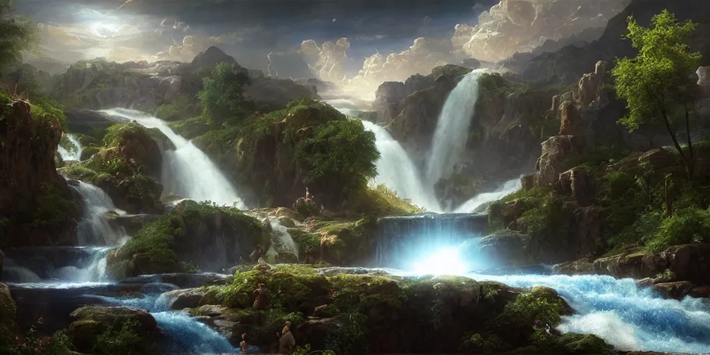 Image similar to creation of the world and heaven with a river of the water of life, clear as crystal, flowing from the throne of god and of the lamb by daniel f. gerhartz and matt stewart and thomas cole, fantasy, photorealistic, octane render, unreal engine, dynamic lighting