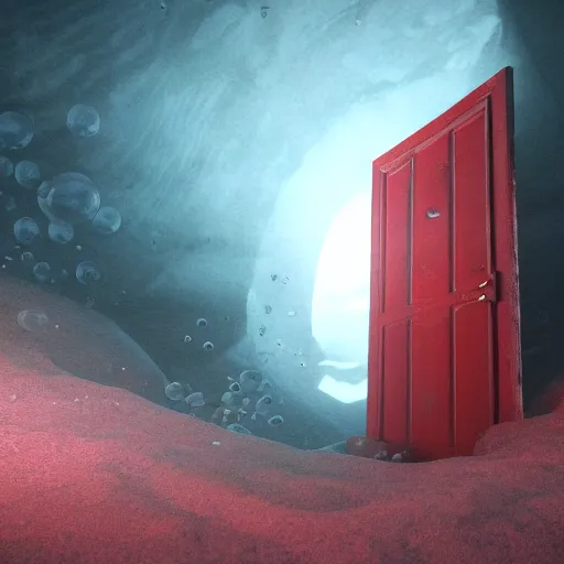 Image similar to a red door at the bottom of the ocean, ominous, deep, ethereal, dark, bubbles, marine life, details visible, octane render, in studio Ghibli style