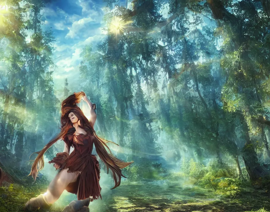 Prompt: traveling woman in magical forest, beautiful sky and sun shine, fantasy artwork, very beautiful scenery, hd, hdr, ue 5, ue 6, unreal engine 5, cinematic 4 k wallpaper, 8 k, ultra detailed, by popular digital, details, beautiful image ever created, high resolution, artstation, award winning, detailed body, details face, realistic body proportions