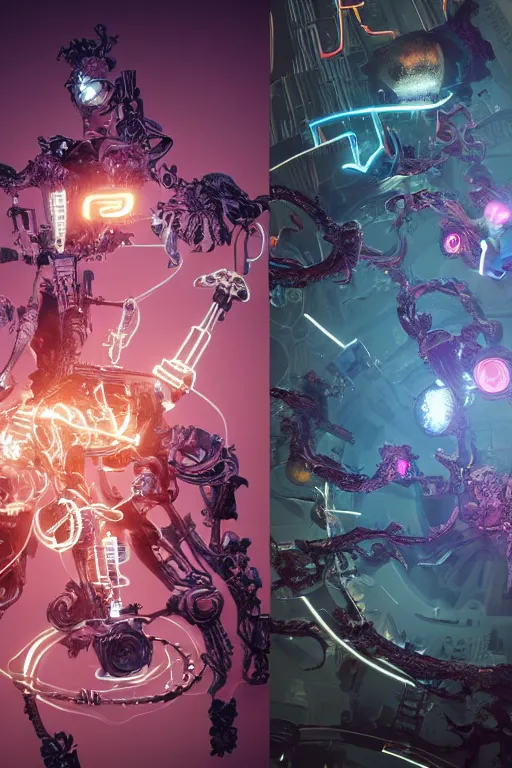 Image similar to full-body rococo and cyberpunk style sculpture of a young handsome Spanish prince half android with a chest exposing circuitry, glowing pink laser eyes, crown of blue gears and diamonds, swirling salmon-colored silk fabric, robotic raptors dinosaurs. baroque elements. full-length view. intricate artwork by caravaggio. Trending on artstation, octane render, cinematic lighting from the right, hyper realism, octane render, 8k, depth of field, 3D